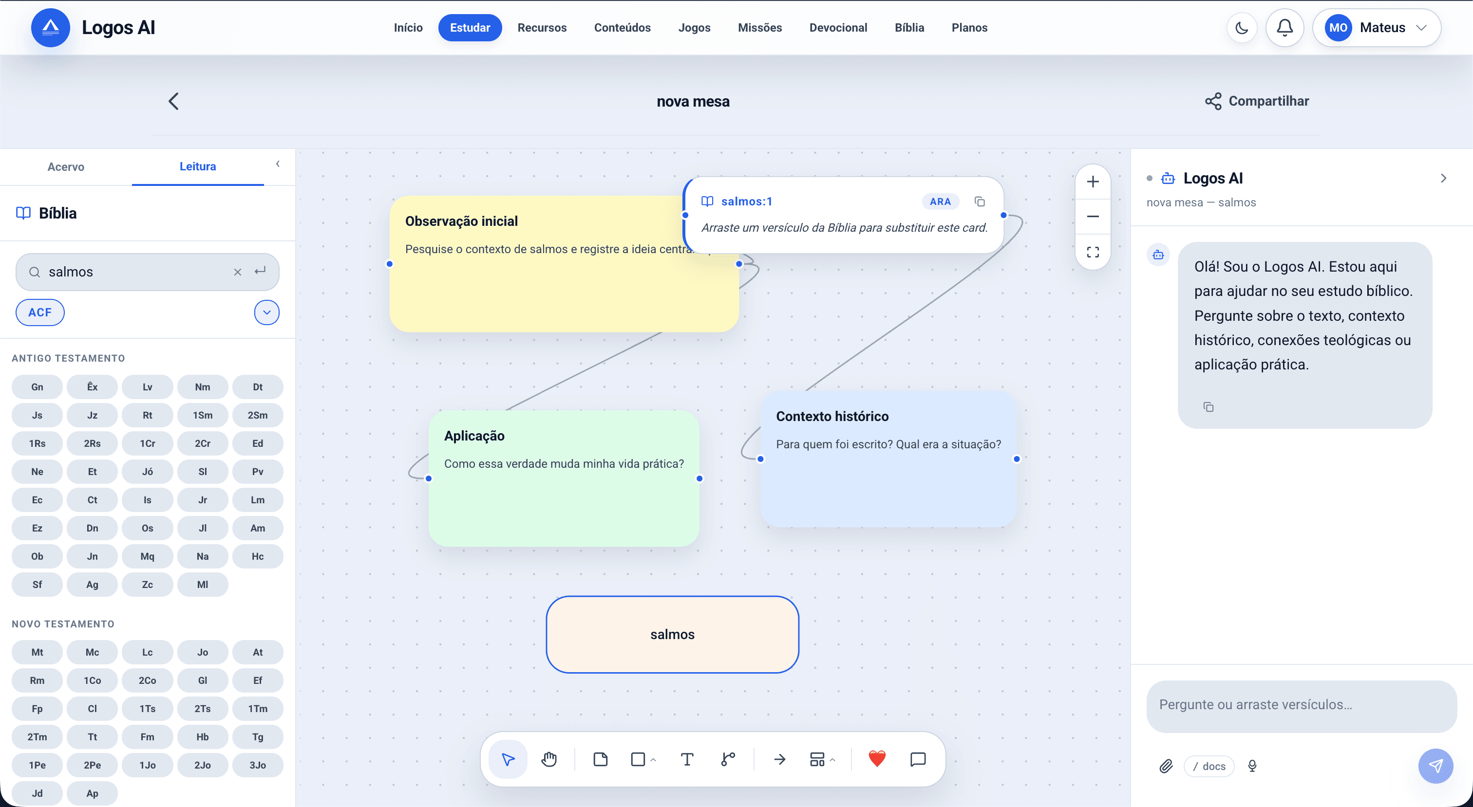 Mesa de estudo com cards de observação, contexto e o assistente do Logos ao lado